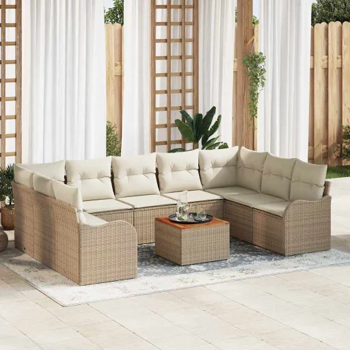 Conjunto de Sofá de Jardim com Almofada   Bege Vime PE (10 pcs)