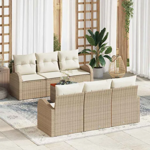 Conjunto de Sofá de Jardim com Almofada   Bege Vime PE (7 pcs)
