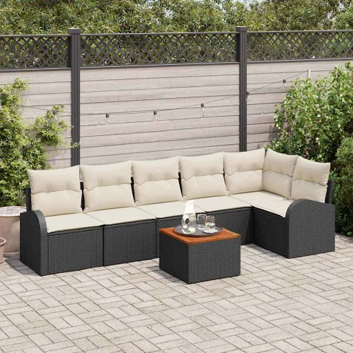 Conjunto de Sofá de Jardim com Almofada   Preto Vime PE (7 pcs)