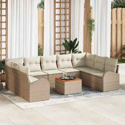 Conjunto de Sofá de Jardim com Almofada   Bege Vime PE (10 pcs)