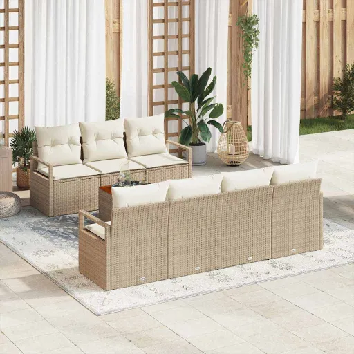 Conjunto de Sofá de Jardim com Almofada   Bege Vime PE (8 pcs)