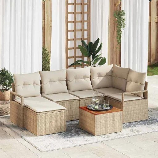 Conjunto de Sofá de Jardim com Almofada   Bege Vime PE (7 pcs)
