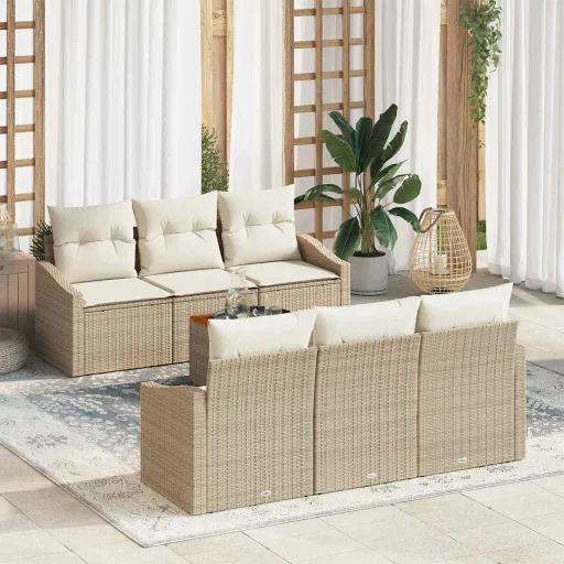 Conjunto de Sofá de Jardim com Almofada   Bege Vime PE (7 pcs)