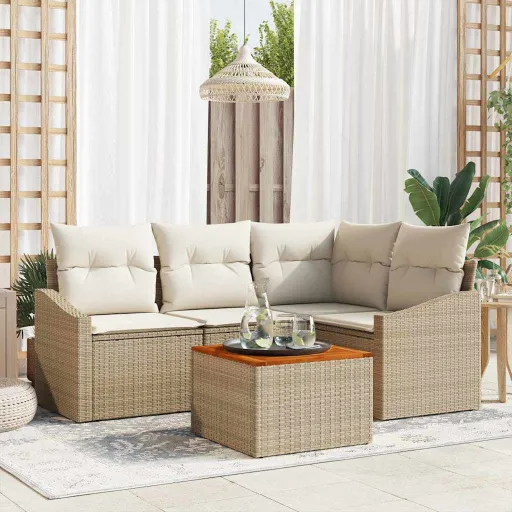 Conjunto de Sofá de Jardim com Almofada   Bege Vime PE (5 pcs)