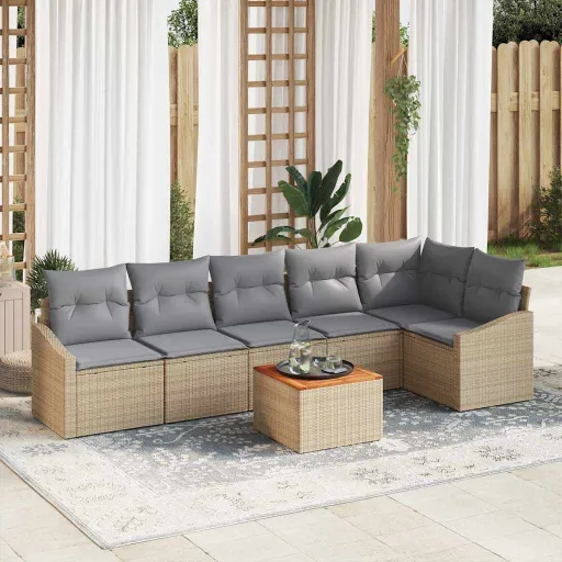 Conjunto de Sofá de Jardim com Almofada   Bege Vime PE (7 pcs)
