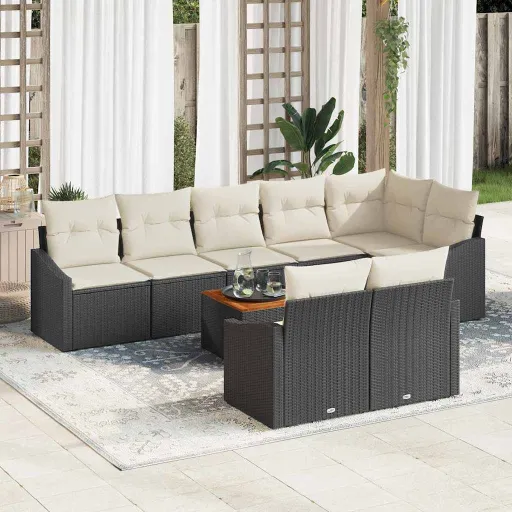 Conjunto de Sofá de Jardim com Almofada   Preto Vime PE (9 pcs)