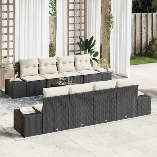 Conjunto de Sofá de Jardim com Almofada   Preto Vime PE (9 pcs)
