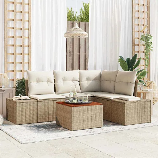Conjunto de Sofá de Jardim com Almofada   Bege Vime PE (5 pcs)