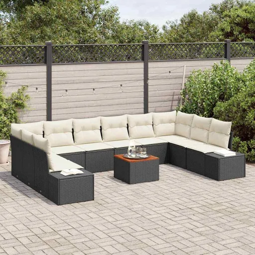 Conjunto de Sofá de Jardim com Almofada   Preto Vime PE (11 pcs)