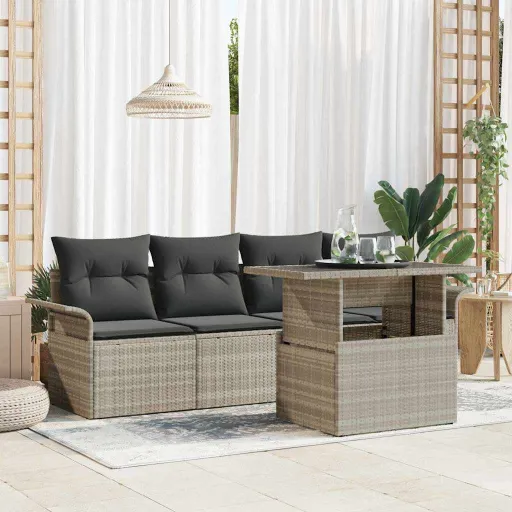 Conjunto de Sofá de Jardim   Cinzento-Claro Vime PE (5 pcs)