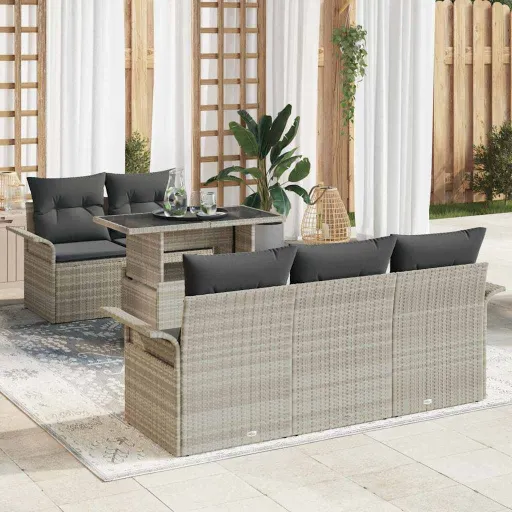 Conjunto de Sofá de Jardim   Cinzento-Claro Vime PE (6 pcs)