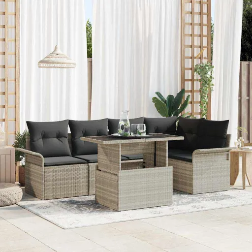 Conjunto de Sofá de Jardim   Cinzento-Claro Vime PE (6 pcs)