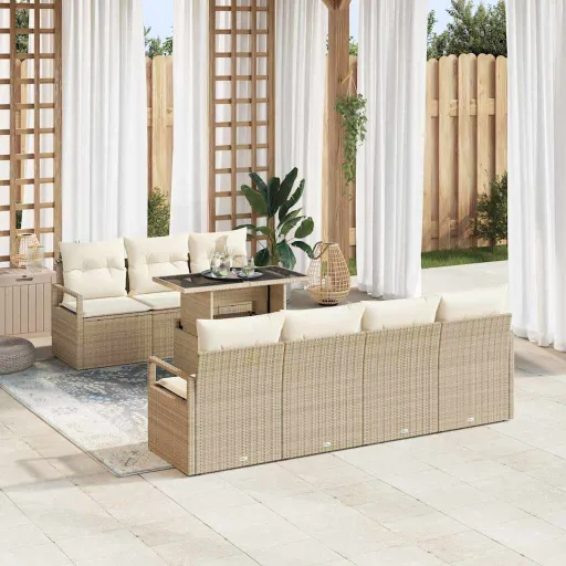 Conjunto de Sofá de Jardim   Bege e Creme Vime PE (8 pcs)