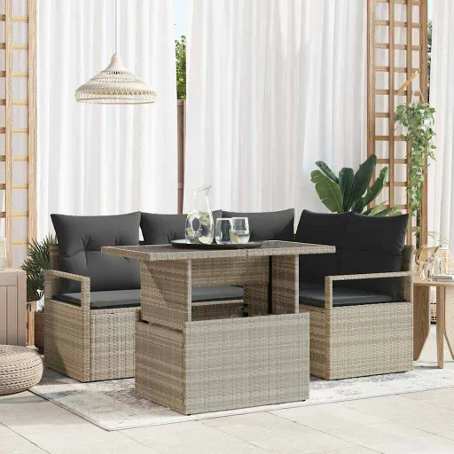 Conjunto de Sofá de Jardim   Cinzento-Claro Vime PE (5 pcs)
