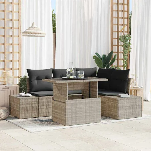 Conjunto de Sofá de Jardim   Cinzento-Claro Vime PE (5 pcs)