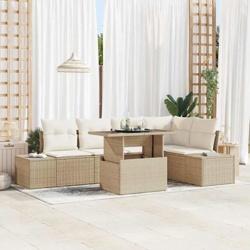 Conjunto de Sofá de Jardim com Almofada   Bege Vime PE (6 pcs)