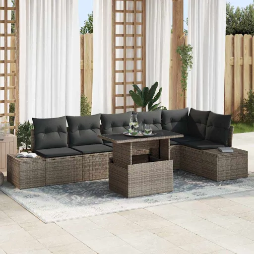 Conjunto de Sofá de Jardim com Almofada Manual   Cinzeto (7 pcs)