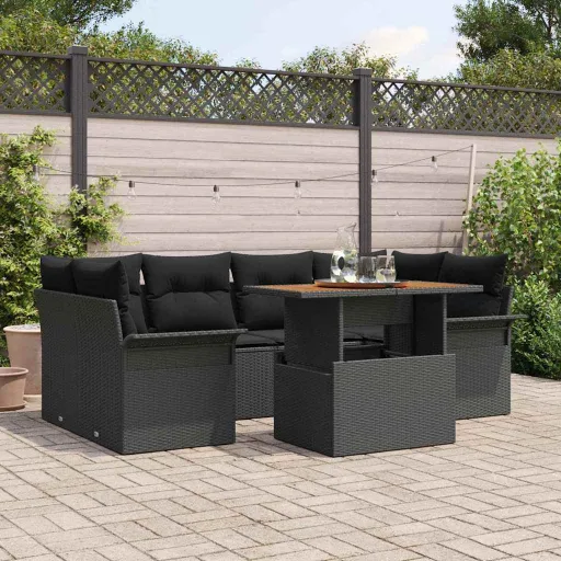 Conjunto de Sofá de Jardim com Almofada   Preto (7 pcs)