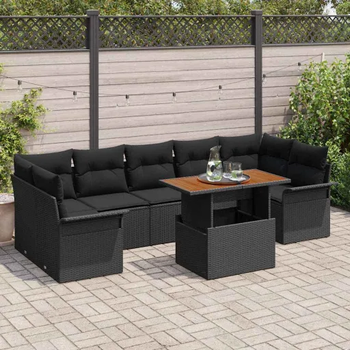 Conjunto de Sofá de Jardim com Almofada   Preto (8 pcs)
