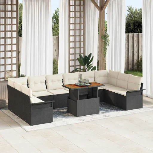 Conjunto de Sofá de Jardim   Preto e Creme Vime PE (11 pcs)