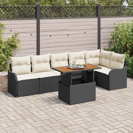 Conjunto de Sofá de Jardim com Almofada   Preto e Creme (7 pcs)