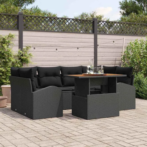 Conjunto de Sofá de Jardim com Almofada   Preto (7 pcs)