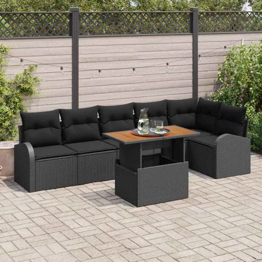 Conjunto de Sofá de Jardim com Almofada   Preto (7 pcs)