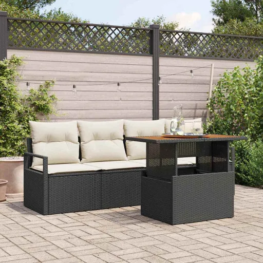 Conjunto de Sofá de Jardim com Almofada   Preto e Creme (5 pcs)