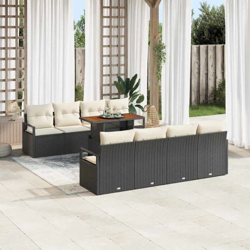 Conjunto de Sofá de Jardim com Almofada   Preto e Creme (9 pcs)