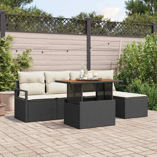 Conjunto de Jantar para Jardim com Almofada   Preto e Creme (6 pcs)