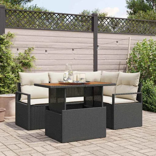 Conjunto de Jantar para Jardim com Almofada   Preto e Creme (5 pcs)