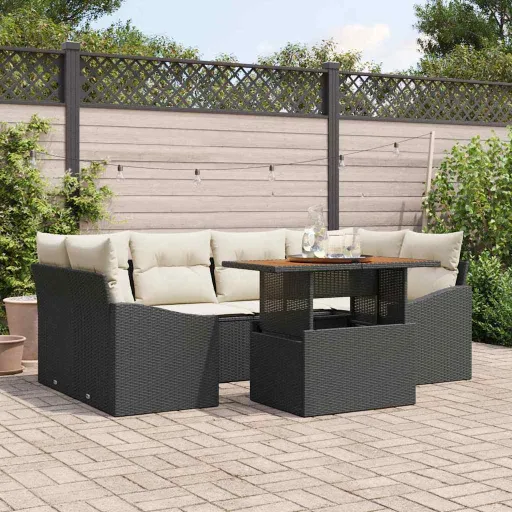 Conjunto de Jantar para Jardim com Almofada   Preto e Creme (7 pcs)