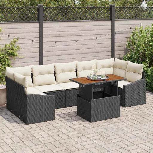 Conjunto de Jantar para Jardim com Almofada   Preto e Creme (8 pcs)