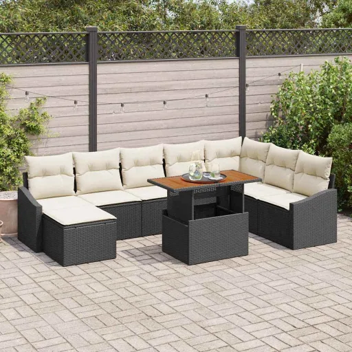 Conjunto de Jantar para Jardim com Almofada   Preto e Creme (9 pcs)