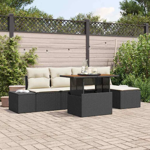Conjunto de Jantar para Jardim com Almofada   Preto e Creme (6 pcs)