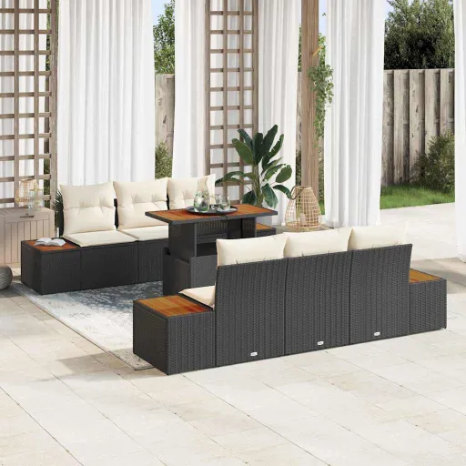 Conjunto de Jantar para Jardim com Almofada   Preto e Bege (7 pcs)