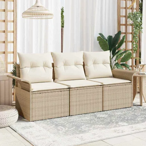 Conjunto de Sofá de Jardim   Bege Rattan Sintético (3 pcs)