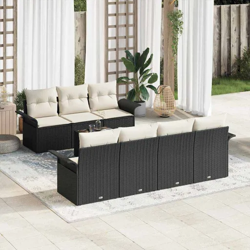 Conjunto de Sofá de Jardim   Preto e Creme Vime PE (8 pcs)