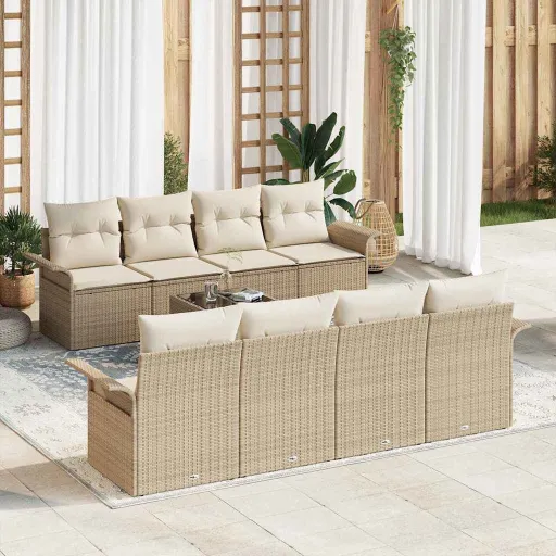 Conjunto de Sofá de Jardim   Bege e Creme Vime PE (9 pcs)