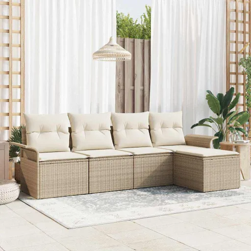 Conjunto de Sofá de Jardim com Almofada   Bege Vime PE (5 pcs)