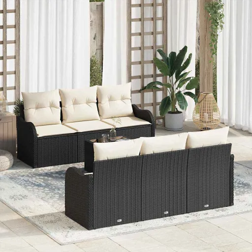 Conjunto de Sofá de Jardim com Almofada   Preto e Creme (7 pcs)