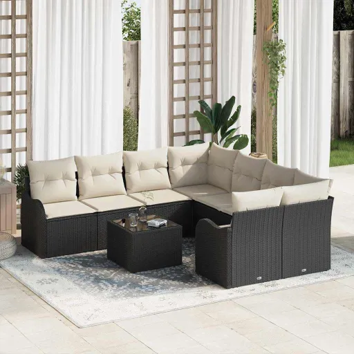 Conjunto de Sofá de Jardim com Almofada   Preto e Creme (9 pcs)