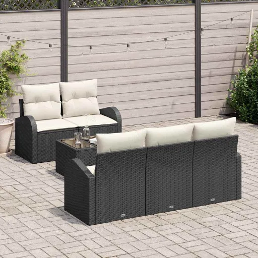 Conjunto de Sofá de Jardim   Preto e Creme Vime PE (6 pcs)
