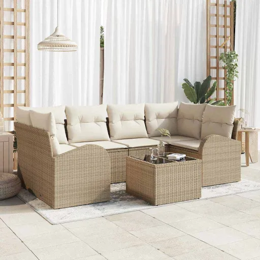 Conjunto de Sofá de Jardim com Almofada   Bege e Creme (7 pcs)