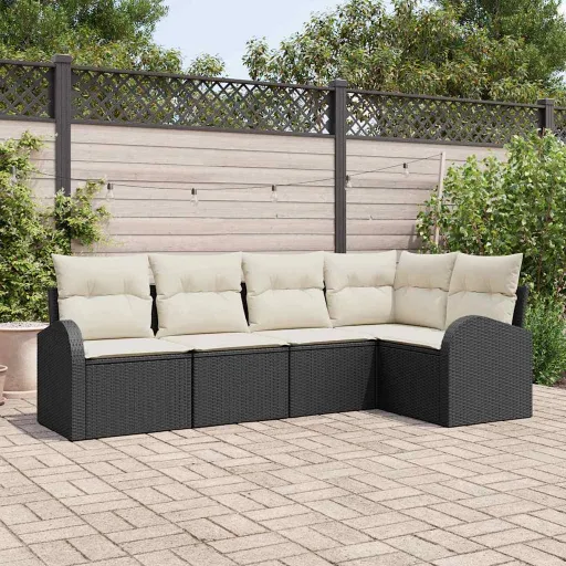 Conjunto de Sofá de Jardim   Preto e Branco Vime PE (5 pcs)