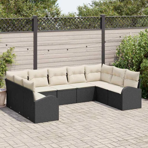 Conjunto de Sofá de Jardim   Preto e Branco Vime PE (9 pcs)
