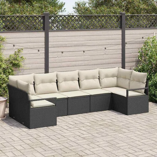 Conjunto de Sofá de Jardim   Preto e Branco Vime PE (7 pcs)