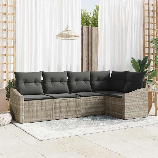 Conjunto de Sofá de Jardim   Cinzento-Claro Vime PE (5 pcs)