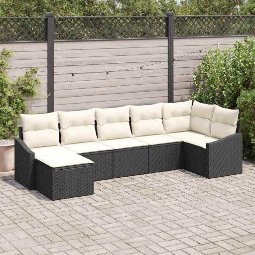 Conjunto de Sofá de Jardim   Preto e Creme Vime PE (7 pcs)