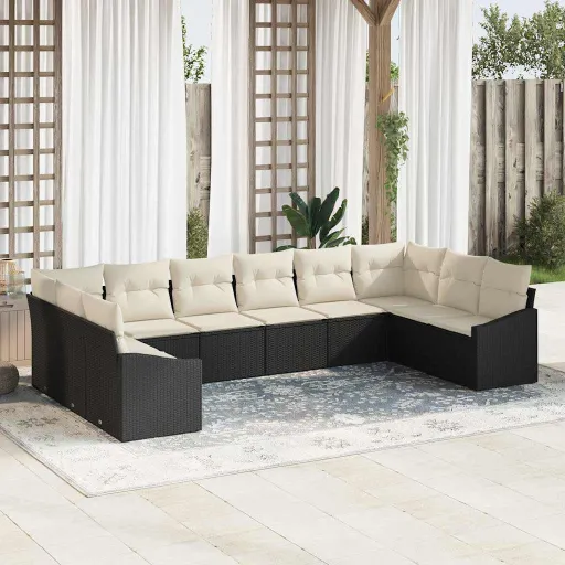 Conjunto de Sofá de Jardim   Preto e Creme Vime PE (10 pcs)